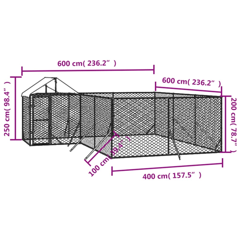 vidaXL Venkovní psí kotec se střechou stříbrný 6 x 6 x 2,5 m ocel