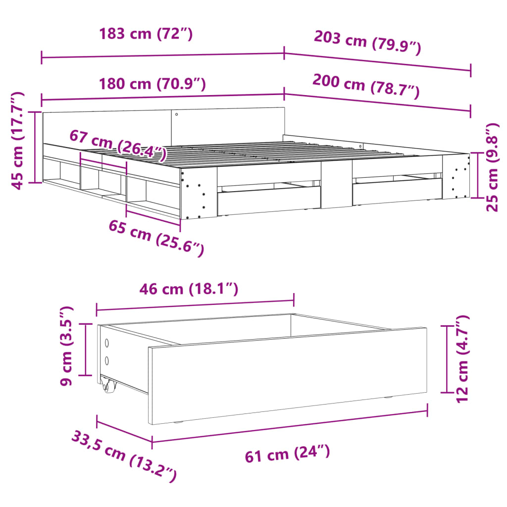 vidaXL Rám postele se zásuvkami dub sonoma 180x200 cm kompozitní dřevo