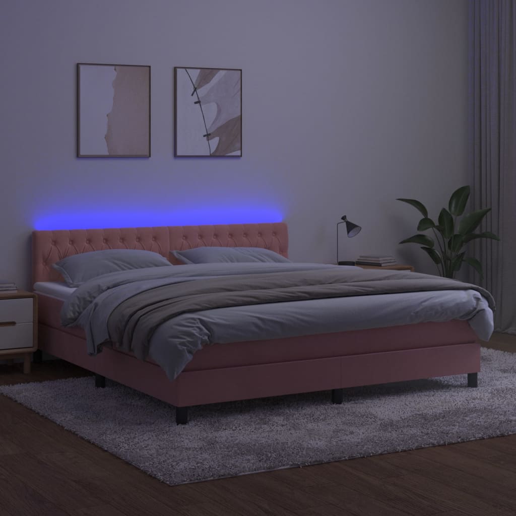 vidaXL Box spring postel s matrací a LED růžová 160x200 cm samet