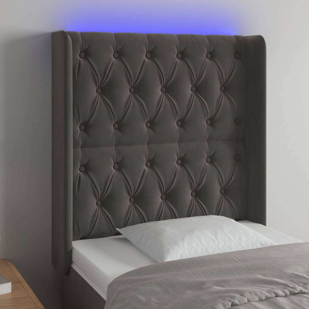 vidaXL Čelo postele s LED tmavě šedé 83 x 16 x 118/128 cm samet