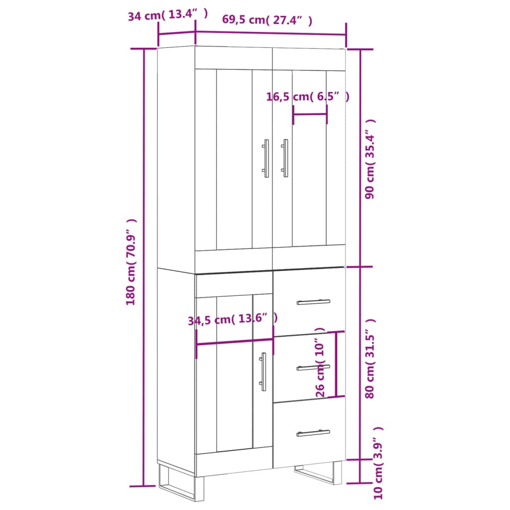 vidaXL Skříň highboard hnědý dub 69,5 x 34 x 180 cm kompozitní dřevo