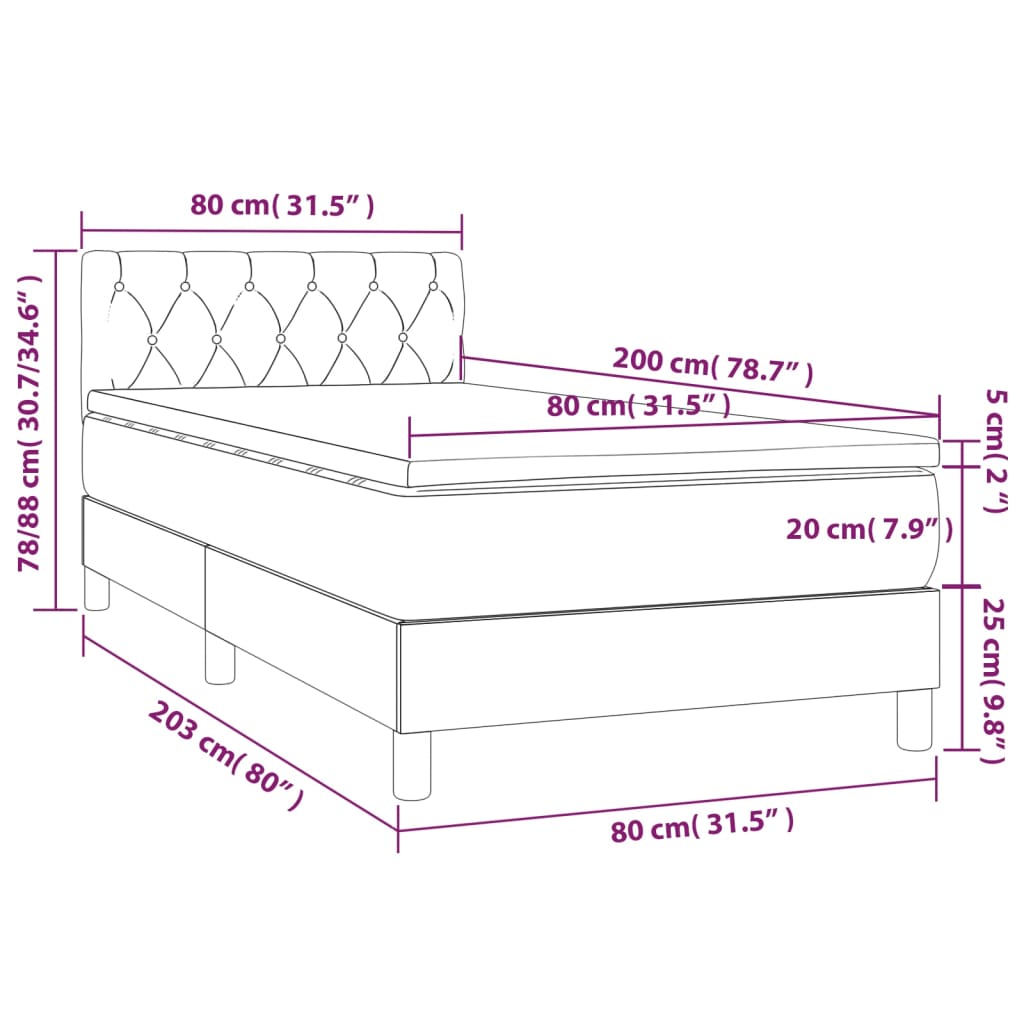 vidaXL Box spring postel s matrací a LED světle šedá 80 x 200 cm samet