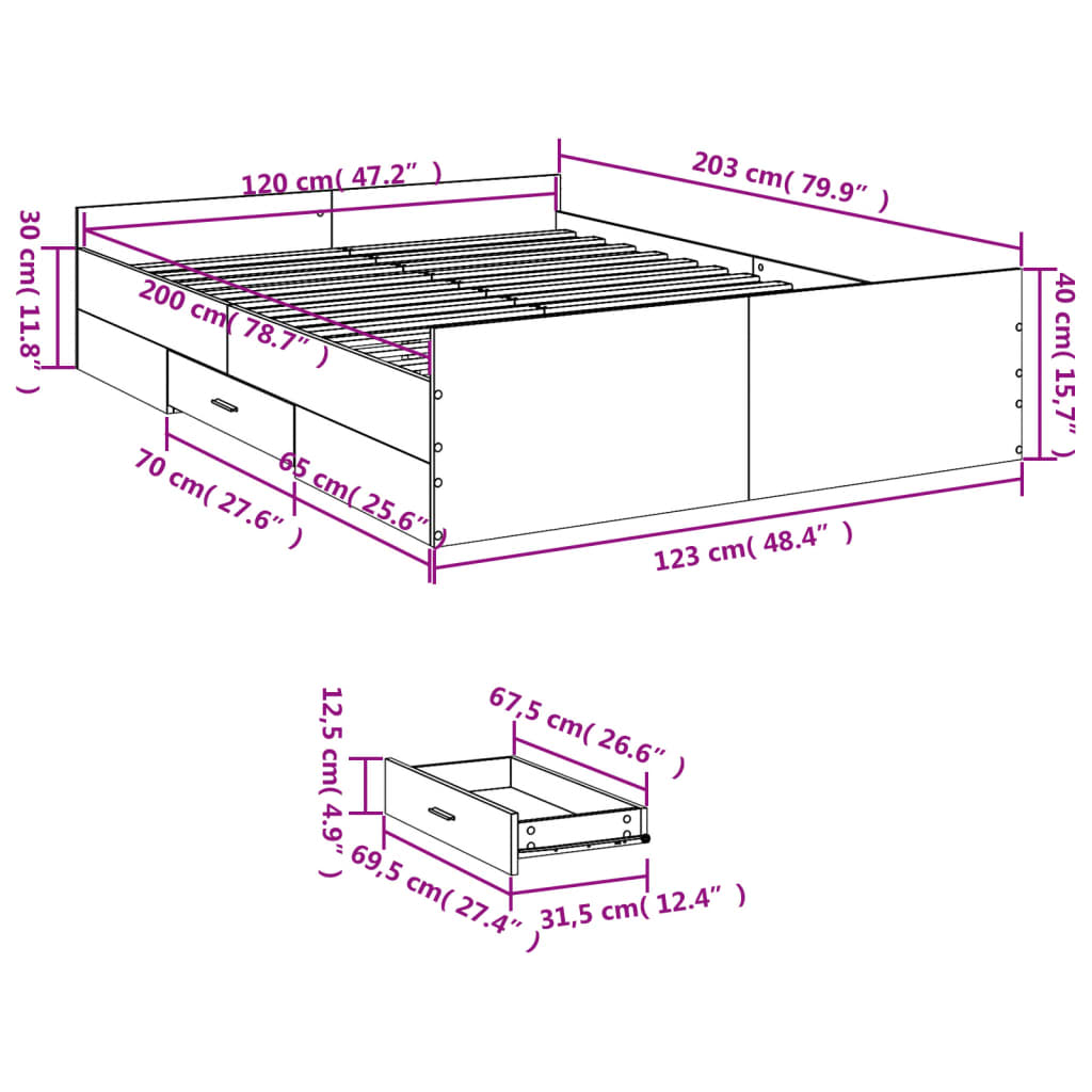 vidaXL Rám postele se zásuvkami hnědý dub 120x200 cm kompozitní dřevo