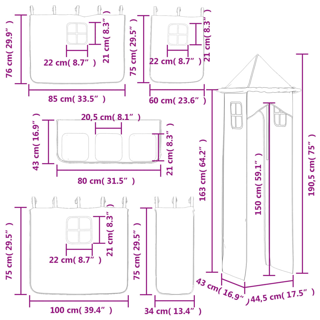 vidaXL Dětská patrová postel s věží růžová 90 x 190 cm masiv borovice