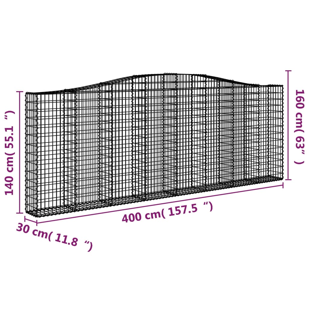 vidaXL Klenuté gabionové koše 25ks 400x30x140/160cm pozinkované železo