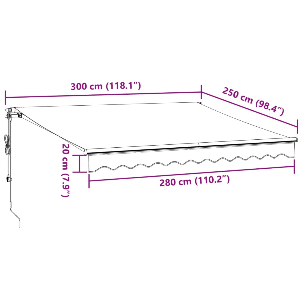 vidaXL Automatická zatahovací markýza s LED burgundská 300 x 250 cm