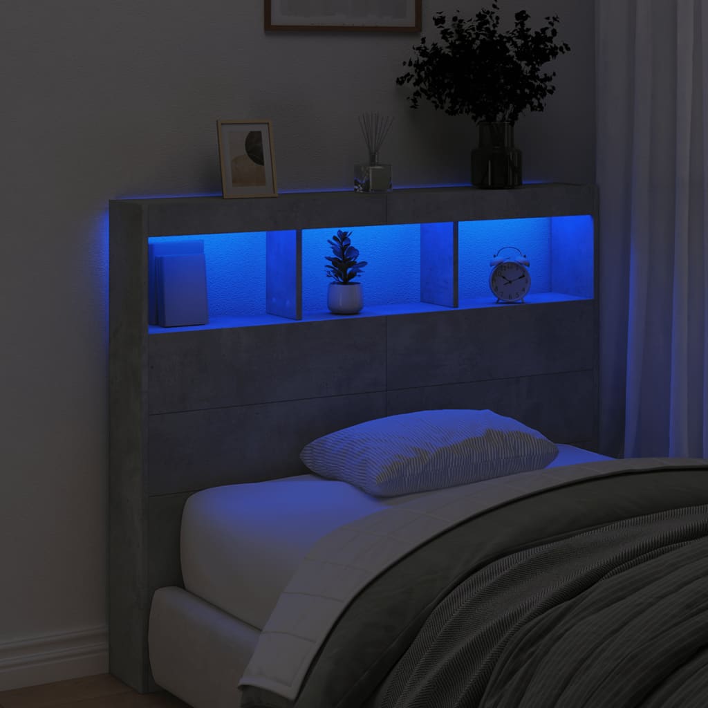 vidaXL Čelo postele úložný prostor a LED betonově šedé 120x17x102 cm