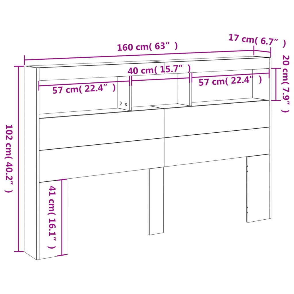 vidaXL Čelo postele s úložným prostorem a LED hnědý dub 160x17x102 cm