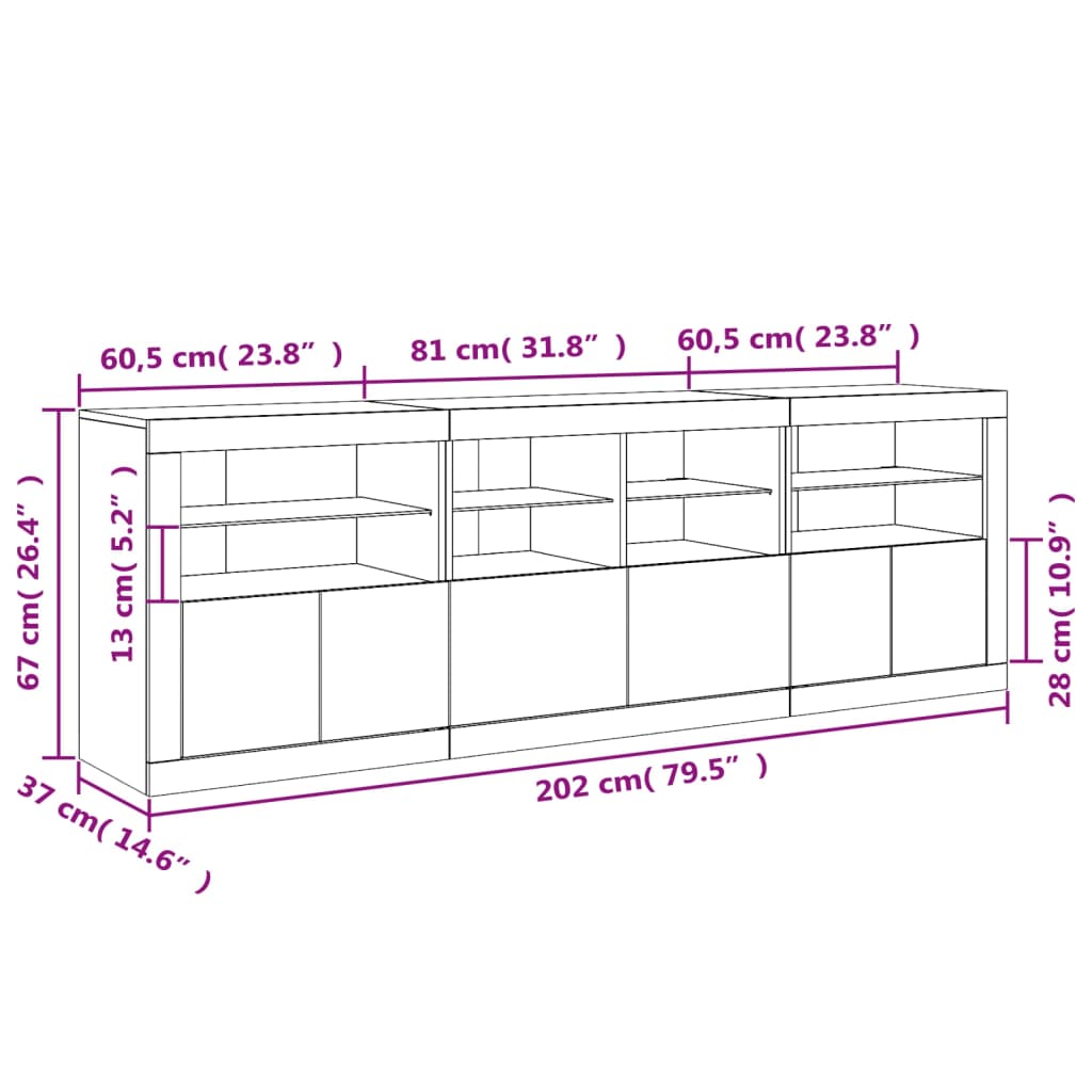 vidaXL Příborník s LED osvětlením bílý 202 x 37 x 67 cm