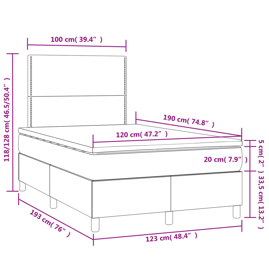 vidaXL Box spring postel s matrací a LED krémová 120x190 cm textil