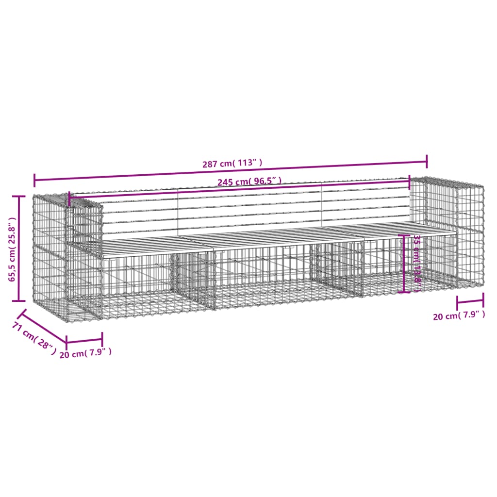 vidaXL Zahradní lavice gabionový design 287x71x65,5cm masivní borovice