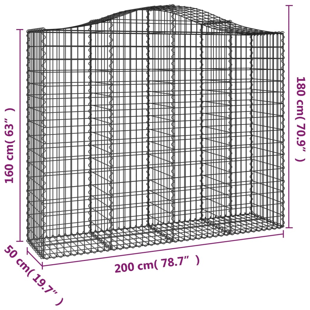 vidaXL Klenutý gabionový koš 200 x 50 x 160/180 cm pozinkované železo