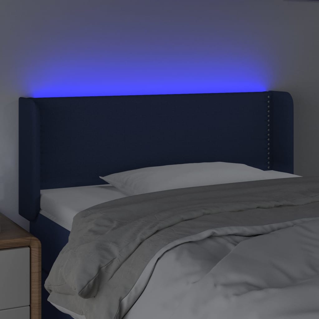 vidaXL Čelo postele s LED modré 103 x 16 x 78/88 cm textil