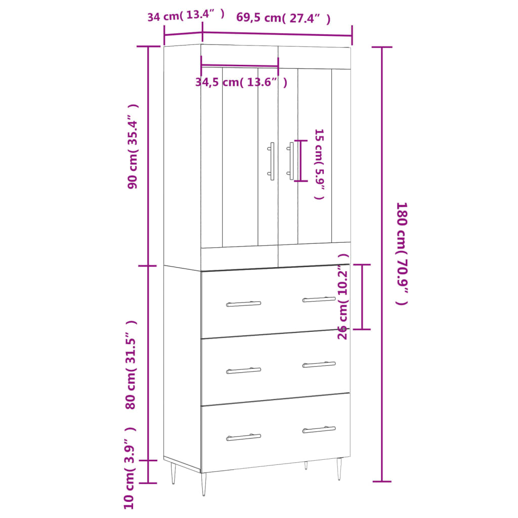 vidaXL Skříň highboard šedá sonoma 69,5 x 34 x 180 cm kompozitní dřevo