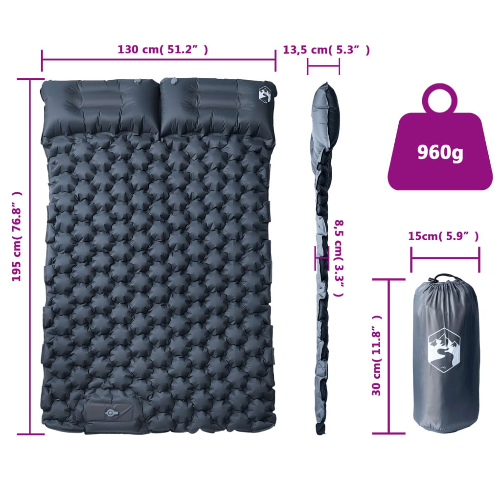 vidaXL Samonafukovací kempingová matrace s polštáři 2 osoby šedá