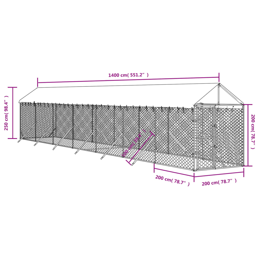 vidaXL Venkovní psí kotec se střechou stříbrný 2 x 14 x 2,5 m ocel