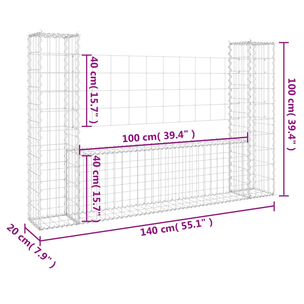 vidaXL Gabionový koš ve tvaru U se 2 sloupky železo 140 x 20 x 100 cm