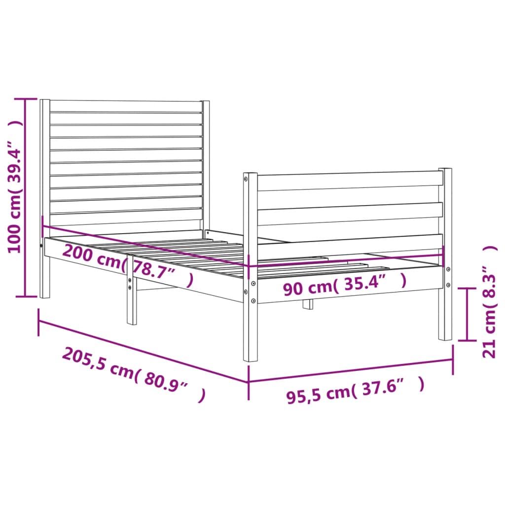 vidaXL Rám postele s čelem černý 90 x 200 cm masivní dřevo