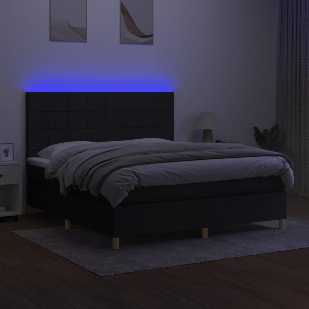 vidaXL Box spring postel s matrací a LED černá 180x200 cm textil