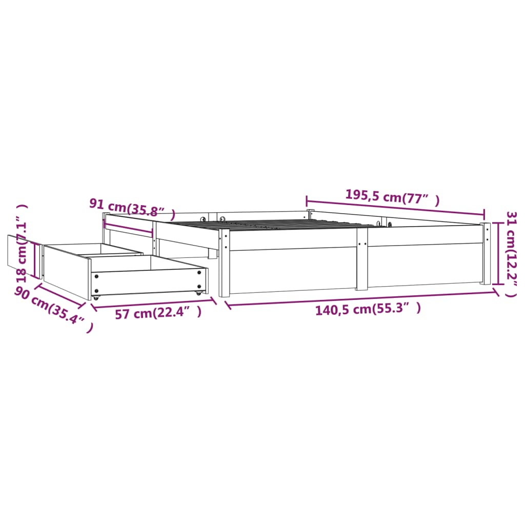 vidaXL Rám postele se zásuvkami černý 135 x 190 cm Double