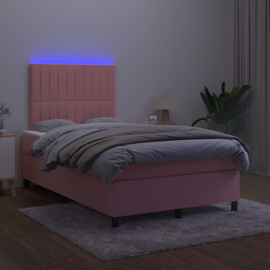 vidaXL Box spring postel s matrací a LED růžová 120x200 cm samet