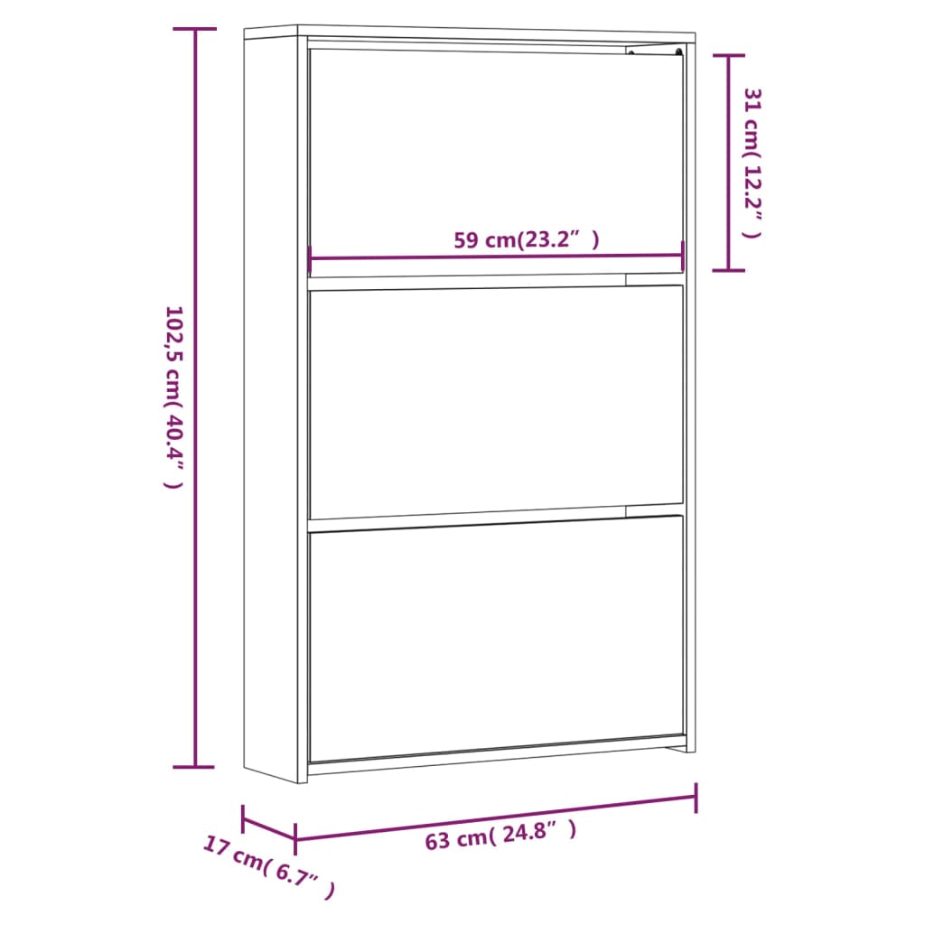 vidaXL Botník se zrcadlem 3patrový hnědý dub 63x17x102,5 cm