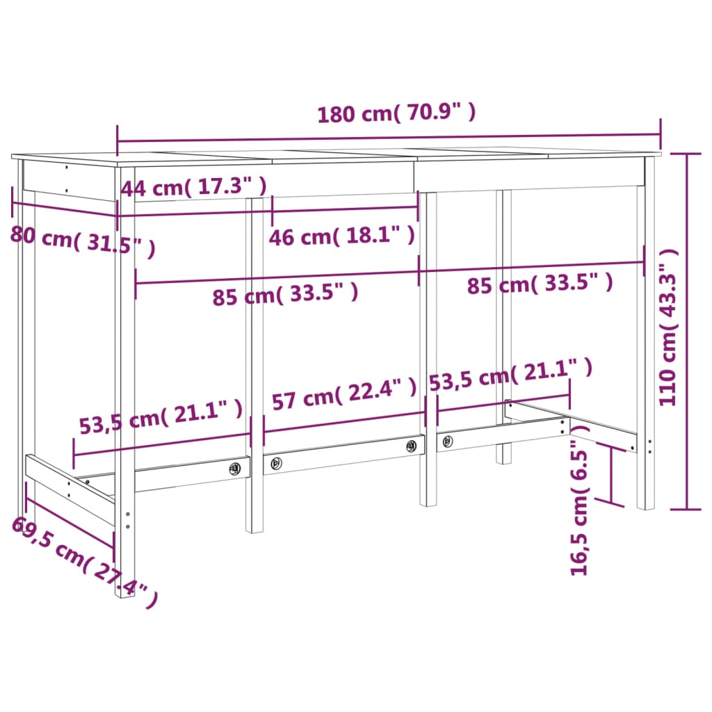 vidaXL Barový stůl bílý 180 x 80 x 110 cm masivní borové dřevo