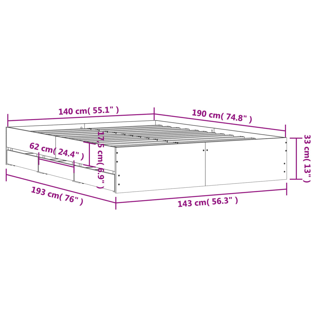 vidaXL Rám postele se zásuvkami šedý sonoma 140 x 190 cm kompozit