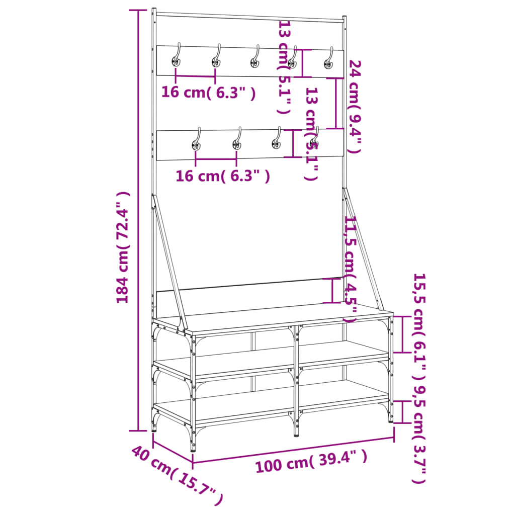 vidaXL Stojan na oblečení a prostor pro obuv kouřový dub 100x40x184 cm