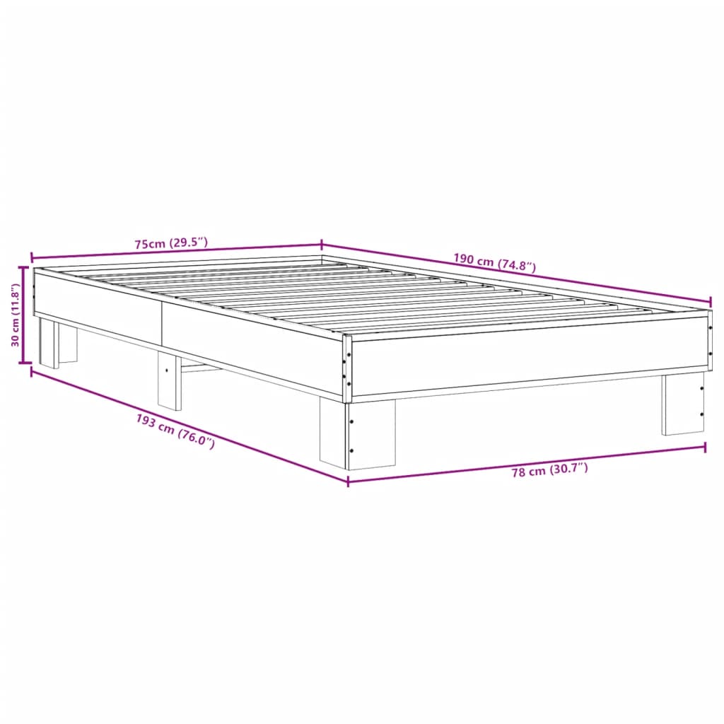 vidaXL Rám postele kouřový dub 75 x 190 cm kompozitní dřevo a kov