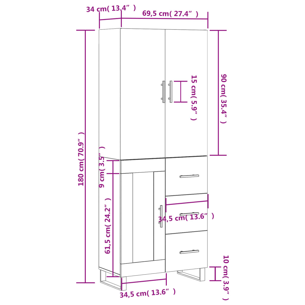 vidaXL Skříň highboard bílá 69,5 x 34 x 180 cm kompozitní dřevo