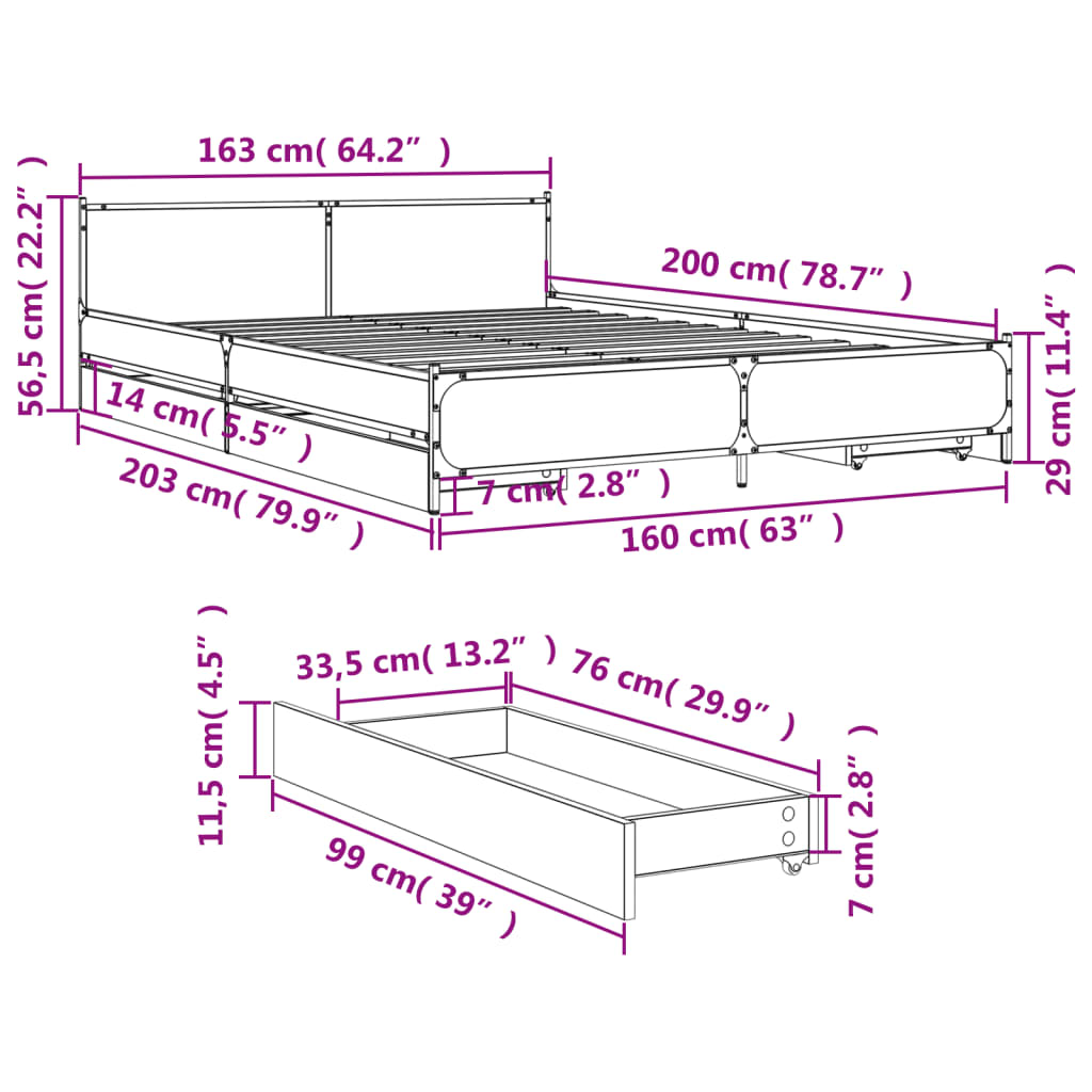 vidaXL Rám postele se zásuvkami dub sonoma 160x200 cm kompozitní dřevo