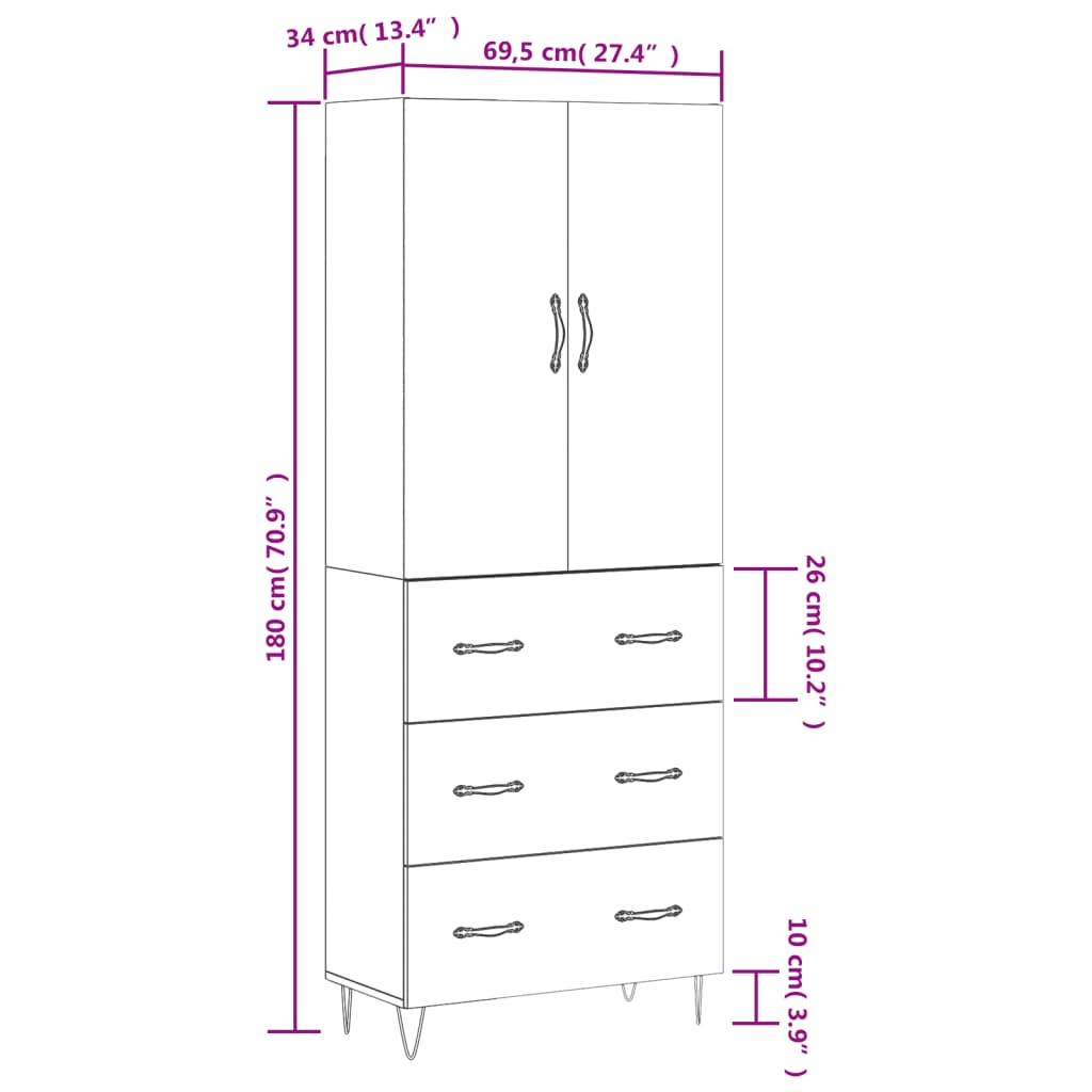 vidaXL Skříň highboard hnědý dub 69,5 x 34 x 180 cm kompozitní dřevo