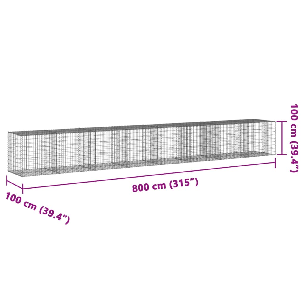 vidaXL Gabionový koš s víkem 800 x 100 x 100 cm pozinkované železo