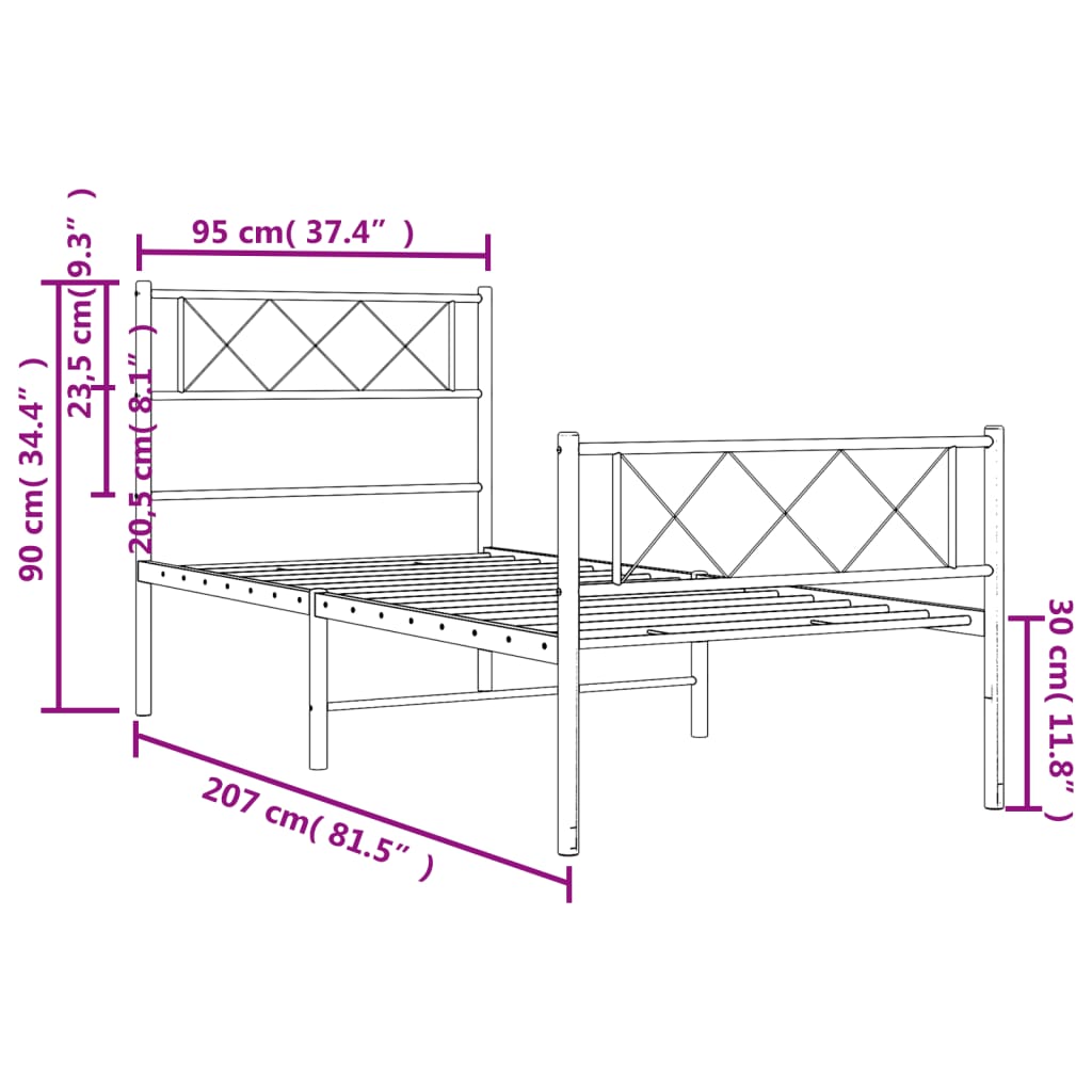 vidaXL Kovový rám postele s hlavovým a nožním čelem bílý 90 x 200 cm