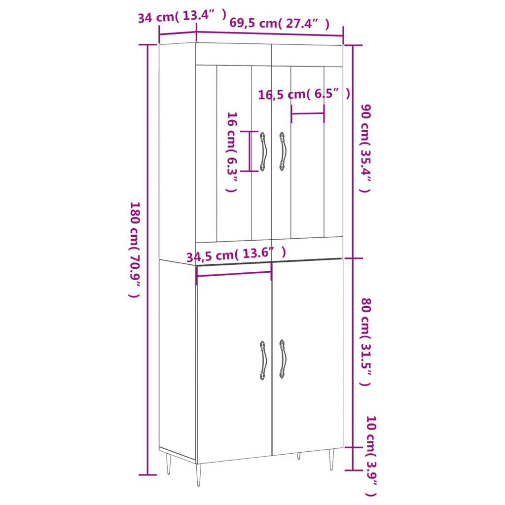 vidaXL Skříň highboard šedá sonoma 69,5 x 34 x 180 cm kompozitní dřevo