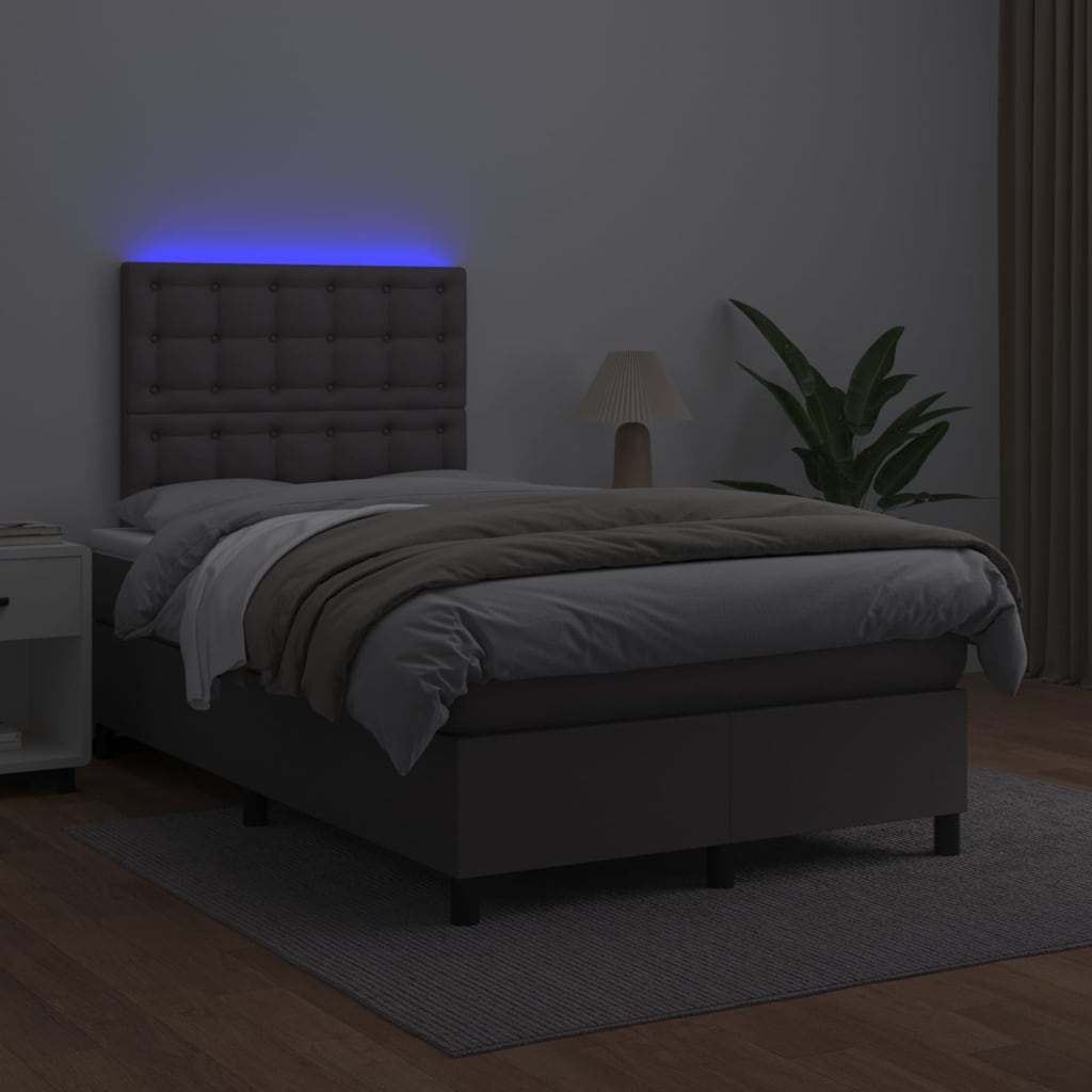 vidaXL Box spring postel s matrací a LED šedá 120x200 cm umělá kůže