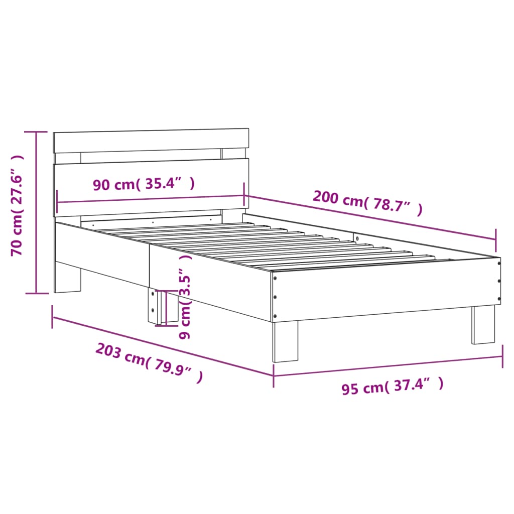 vidaXL Rám postele s čelem a LED osvětlením černý 90 x 200 cm