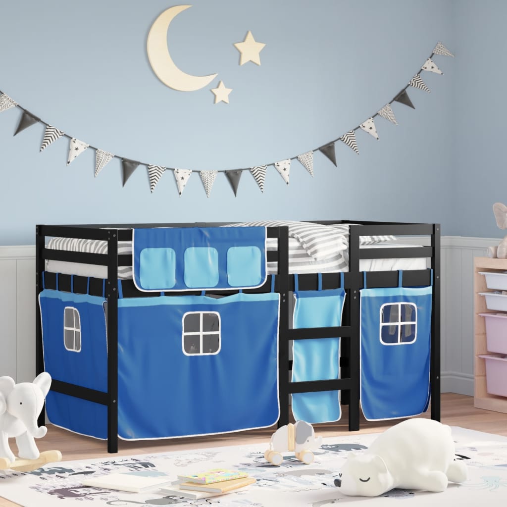 vidaXL Dětská patrová postel se závěsy modrá 90 x 190 cm borovice