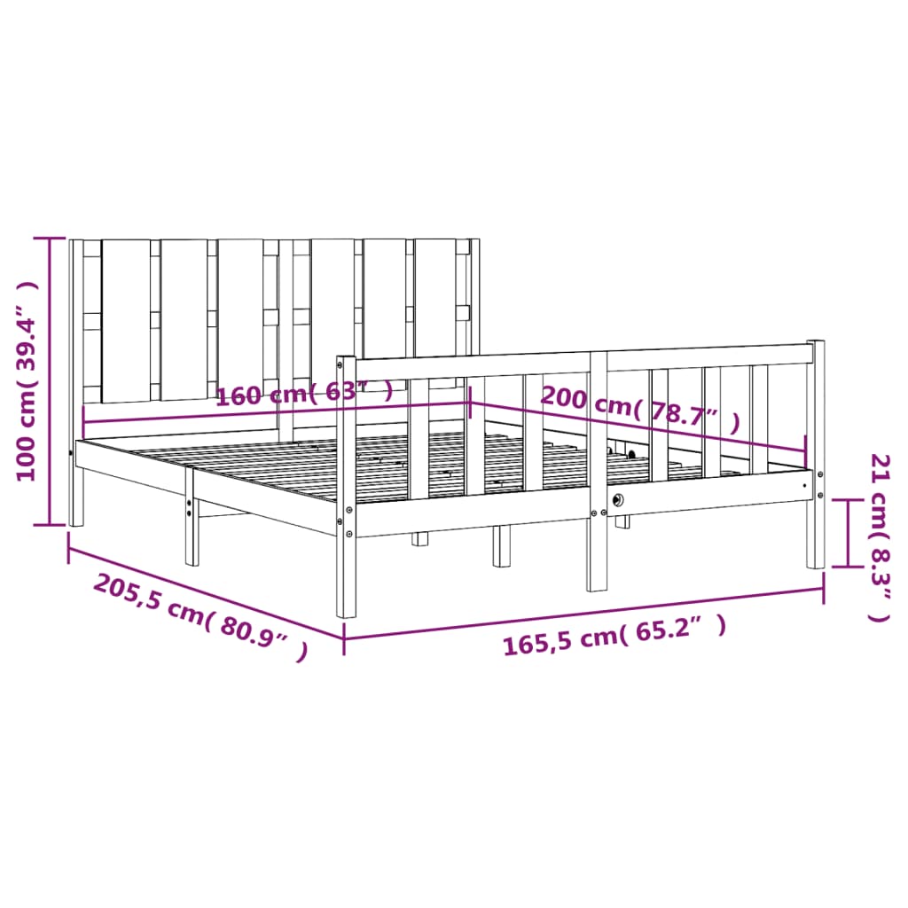 vidaXL Rám postele s čelem bílý 160 x 200 cm masivní dřevo