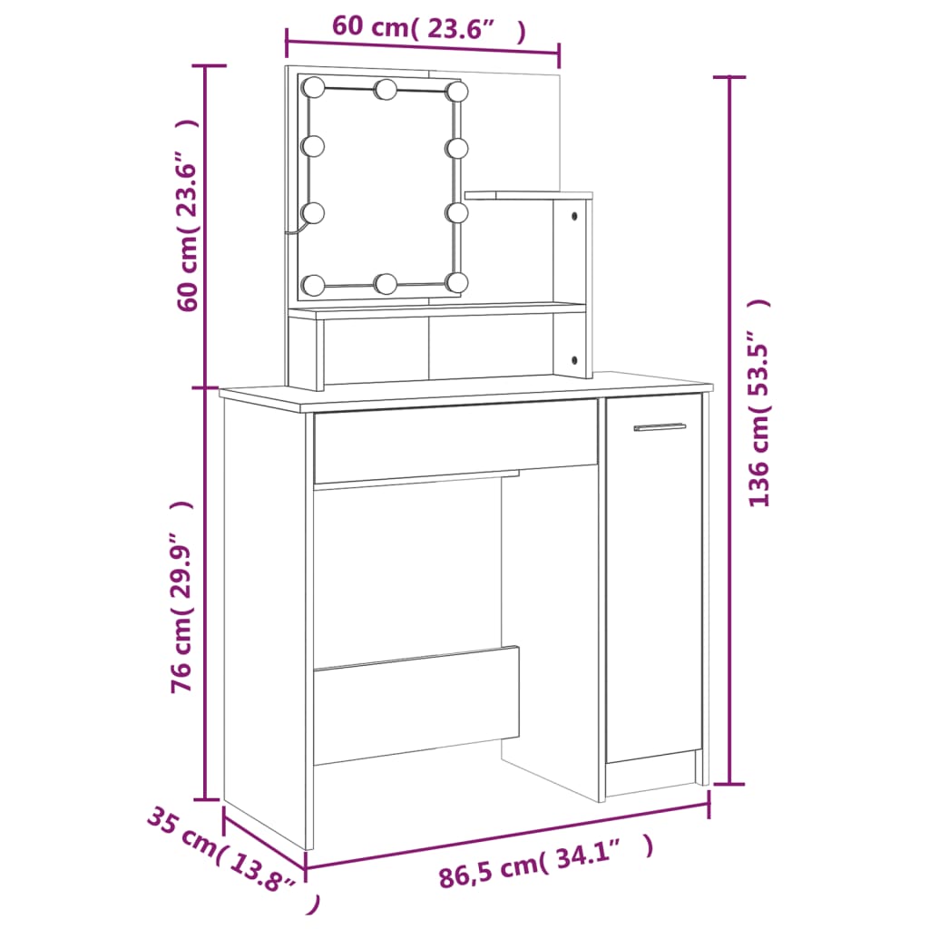 vidaXL Toaletní stolek s LED dub sonoma 86,5 x 35 x 136 cm