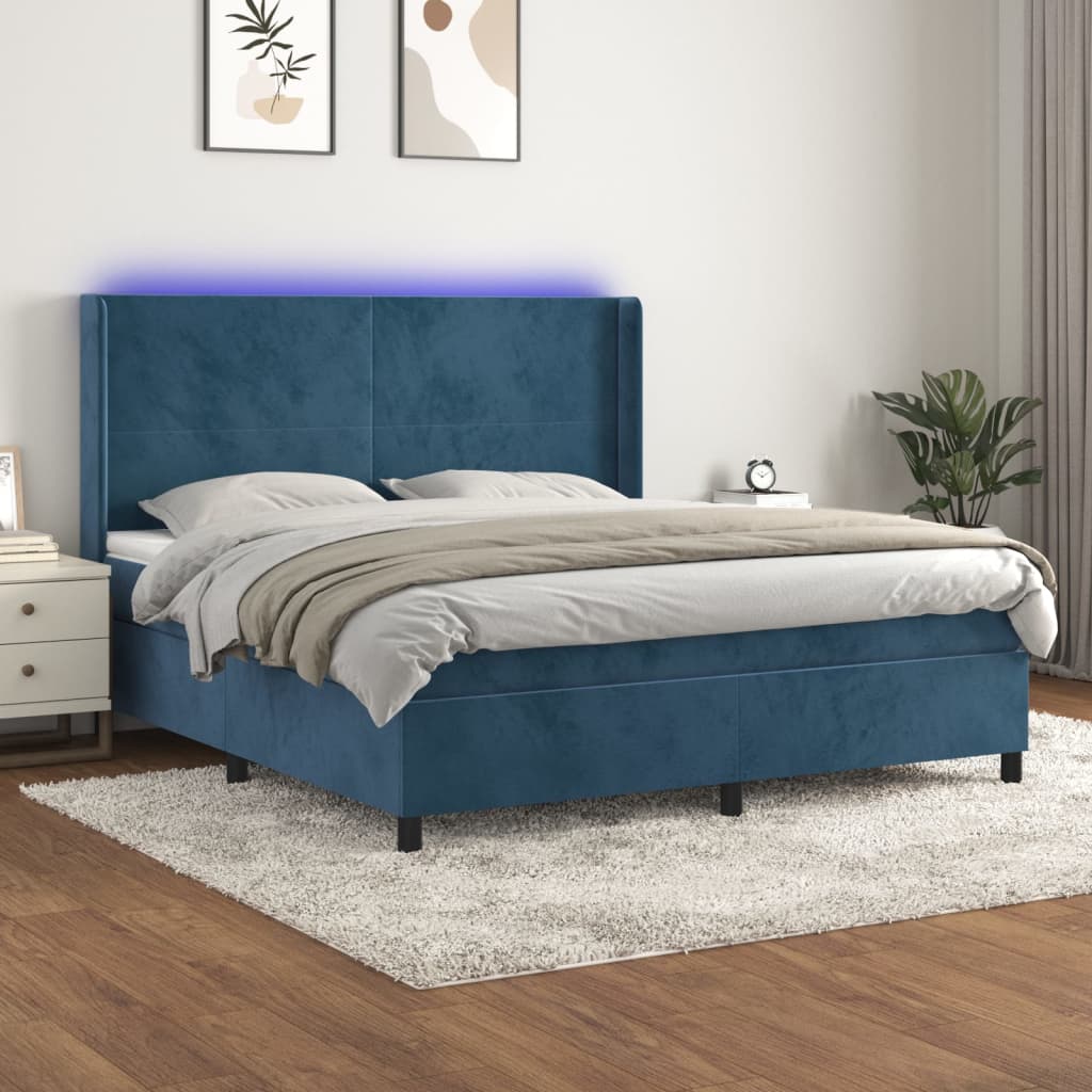 vidaXL Box spring postel s matrací a LED tmavě modrá 160x200 cm samet