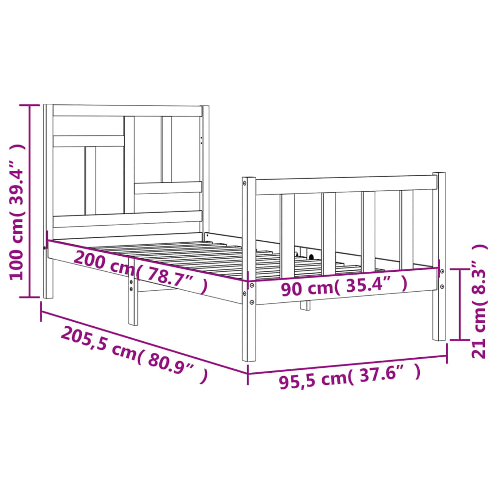 vidaXL Rám postele s čelem 90 x 200 cm masivní dřevo