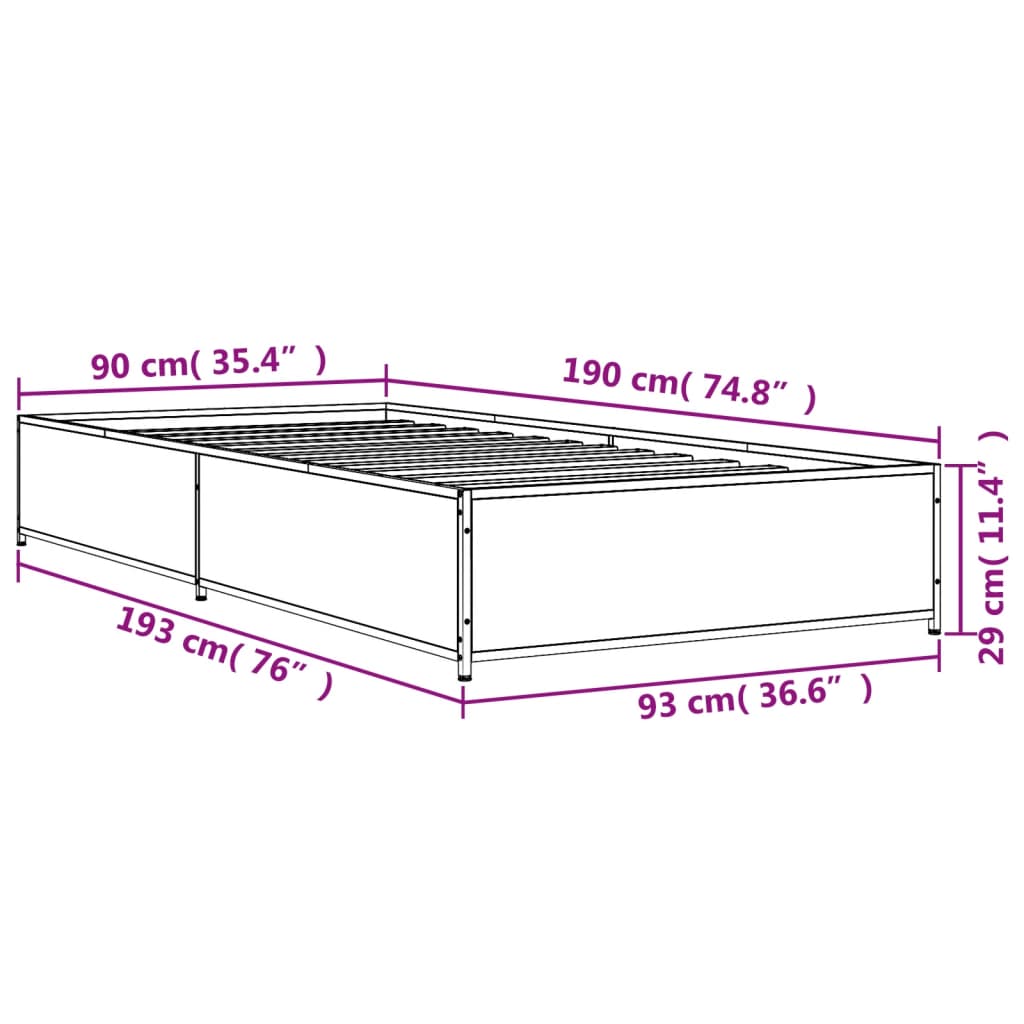 vidaXL Rám postele dub sonoma 90 x 190 cm kompozitní dřevo a kov