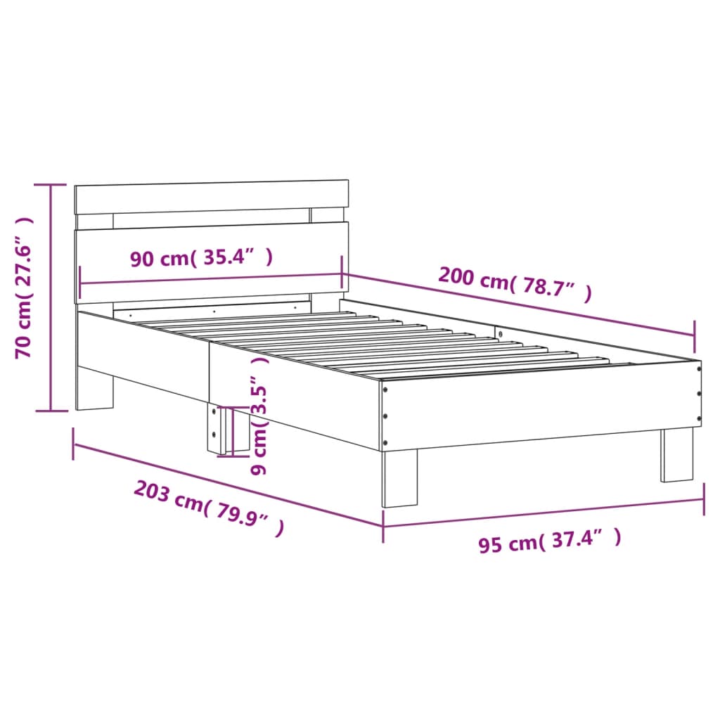 vidaXL Rám postele s čelem a LED osvětlením dub sonoma 90 x 200 cm