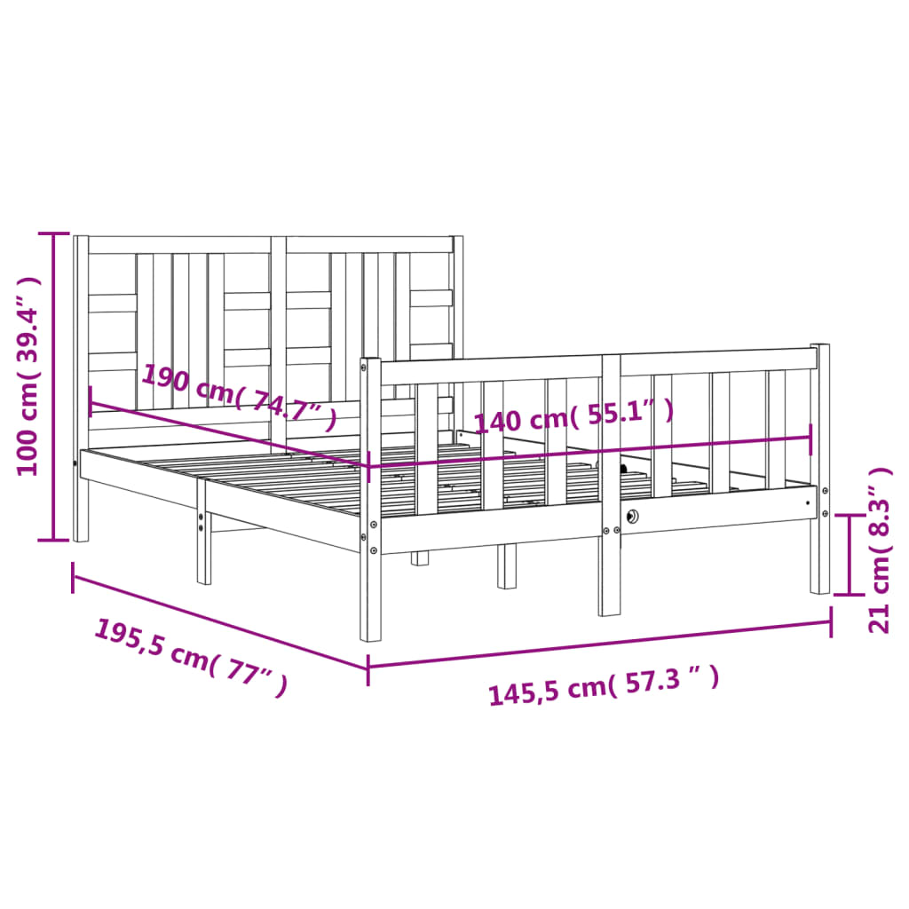 vidaXL Rám postele s čelem bílý 140 x 190 cm masivní dřevo