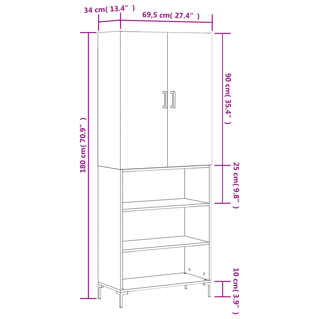 vidaXL Skříň highboard lesklá bílá 69,5 x 34 x 180 cm kompozitní dřevo