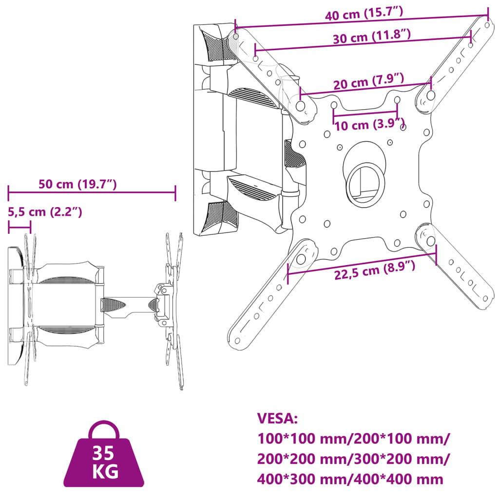 vidaXL Nástěnný držák na TV 32"–55" Max VESA 400 x 400 mm 35 kg