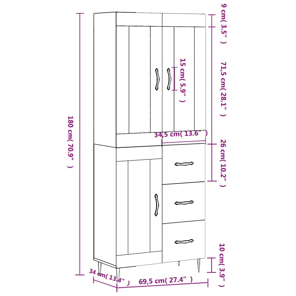 vidaXL Skříň highboard betonově šedá 69,5x34x180 cm kompozitní dřevo