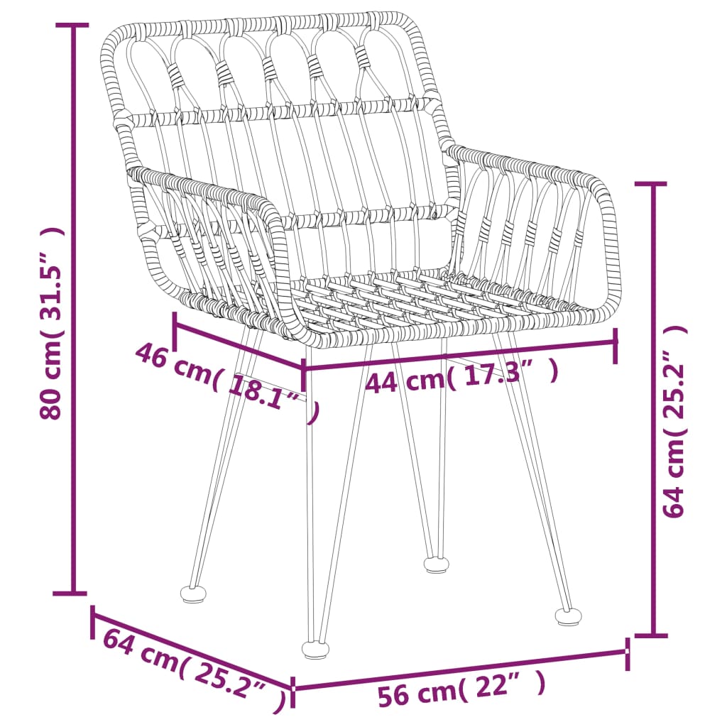 vidaXL Zahradní židle 2 ks s područkami 56 x 64 x 80 cm PE ratan